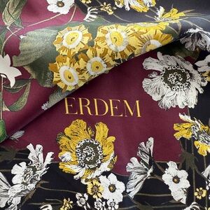ERDEM Burgundy & Black Multi Color Of Yellow & White Floral Design Silk Scarf